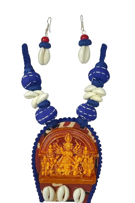 Durga Pendant Necklace Set with Blue Fabric - Image 3