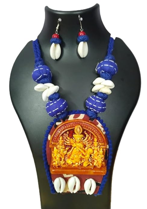 Durga Pendant Necklace Set with Blue Fabric - Image 2