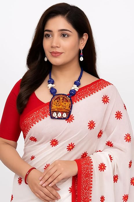 Durga Pendant Necklace Set with Blue Fabric