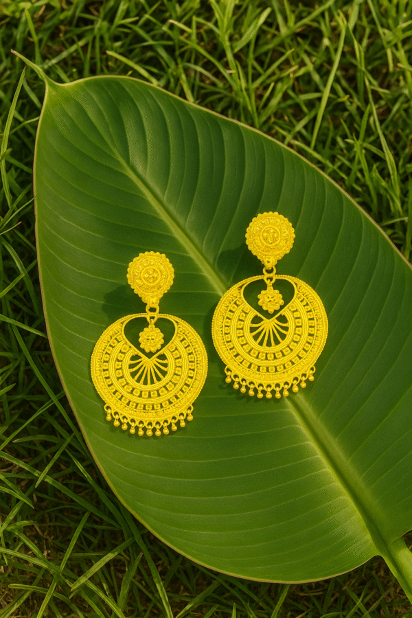 Traditional Micro Gold-Plated Chandbali Earrings, Large Crescent Design with Intricate Filigree Pattern and Beaded Drops - Image 3