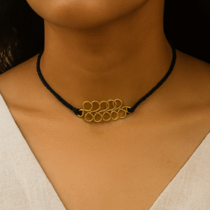 Handcrafted Gold-Tone Leaf Design Choker Necklace with Black Cord, Traditional Indian Style