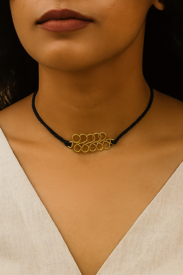 Handcrafted Gold-Tone Leaf Design Choker Necklace with Black Cord, Traditional Indian Style
